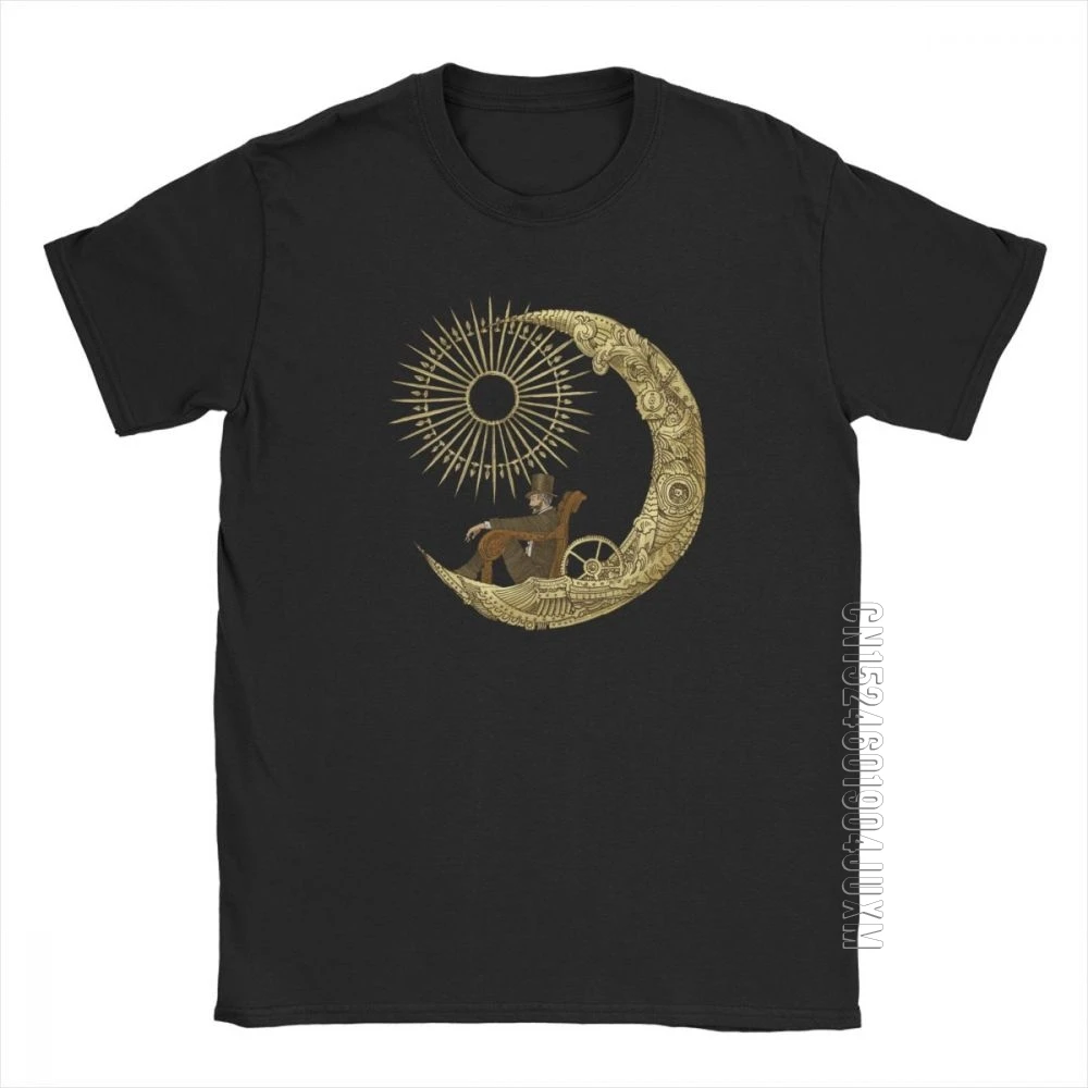 Moon Travel T-Shirts Steampunk Tee Shirt Retro Mechanical Gearwheel Men Normal Clothing Vintage T-Shirt Crewneck Purified Cotton | Мужская