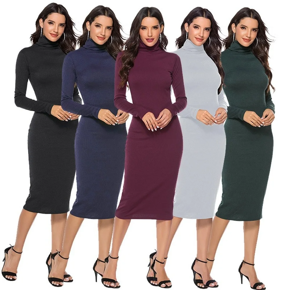 

Casual Pullover Elastic Waist Solid Color Base Sweater Long Sleeve Stretch Slim High Neck Knitted Dress Female Autumn Winter New
