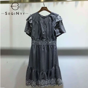 

SEQINYY Casual Dress 2020 Summer Spring New Fashion Design Women Short Sleeve Embroidery Hollow out Pure Color Mini Dress