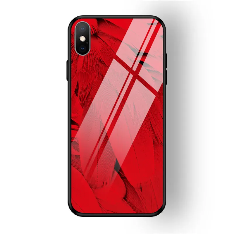 Чехол для iPhone X XS MAX XR для 6 6S 7 8 PLUS чехол из закаленного стекла с перьями красный желтый задняя чехол для iPhone 5 5S SE Funda - Цвет: 14