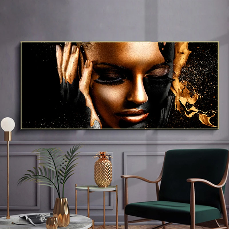 Modern Picture African Scandinavian Wall Art Canvas Poster Black Gold Woman