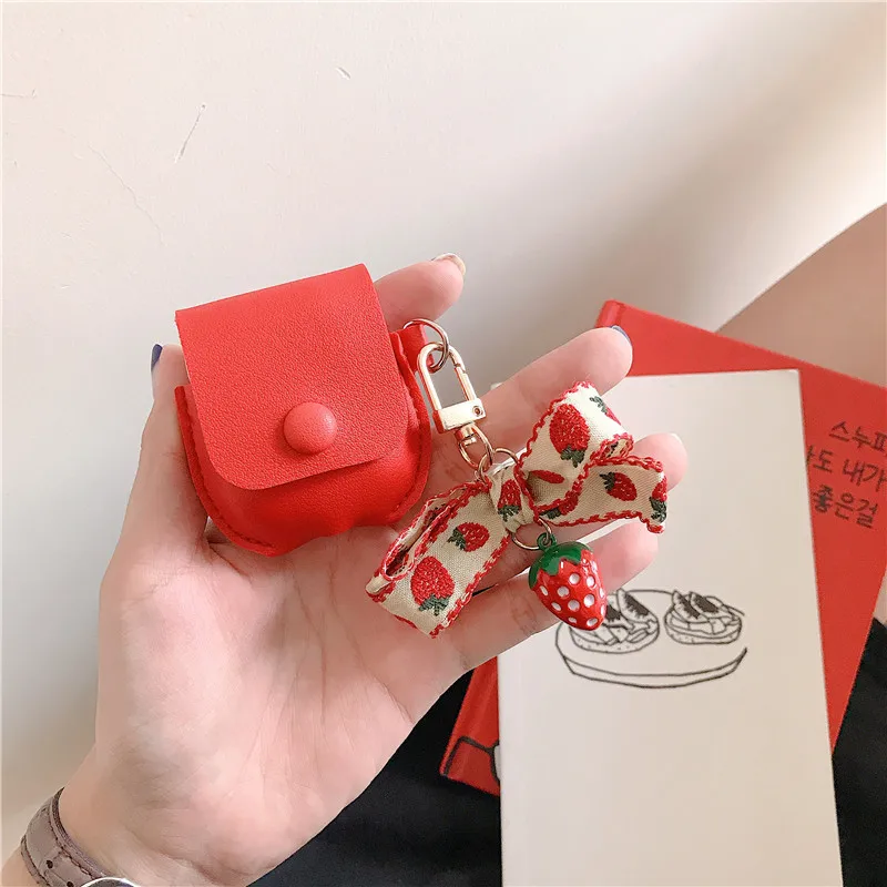 

Luxury Pure Strawberry Bowknot Pendant Leather Button Case For Apple Airpods 1 2 Case Accessories Bluetooth Headphone Protection