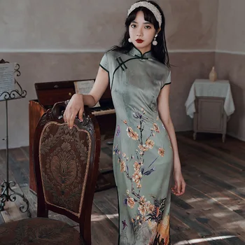 

Elegant High Split Party Prom Gown Lady Short Sleeve Print Cheongsam Sexy Mandarin Collar Qipao Large Size 3XL 4XL Vestidos