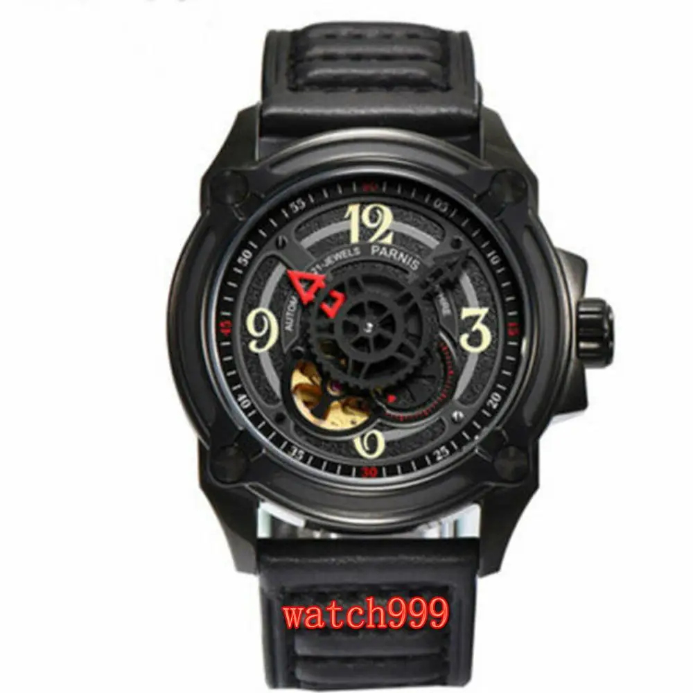 

Parnis 44mm Men's Military Watch Miyota Automatic Cutout Dial Sapphire Watch Black Dial Leather Strap Mechanical Watch