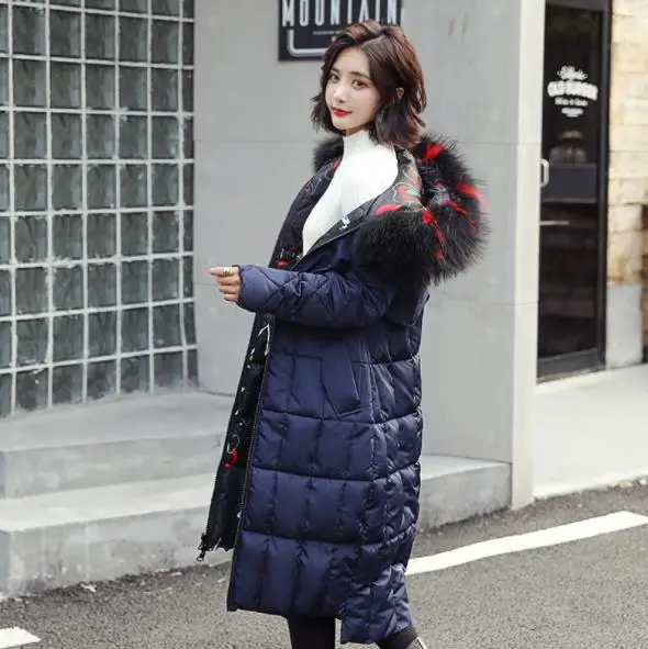 Navy Blue Модный принт, зимняя женская куртка, двусторонняя, для ношения, пуховик, хлопковое пальто, женское, толстое, с капюшоном, с разноцветным меховым воротником, парки H053 - Цвет: Navy Blue