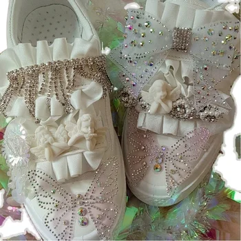 

OLOMLB Womens 3D Angel Wing Rhinestones Butterfly Flats Sneakers Casual White Shoes Sweet Tassels DIY Princess Lolita 2020