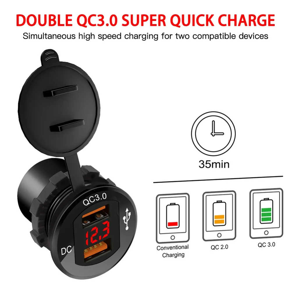 Двойной USB Quick Charge 3,0 светодиодный быстрое зарядное устройство для 12 В/24 В автомобиля лодки мотоцикла SUV ATV RVs внедорожников грузовиков морских QC 3,0 Dual USB зарядное устройство