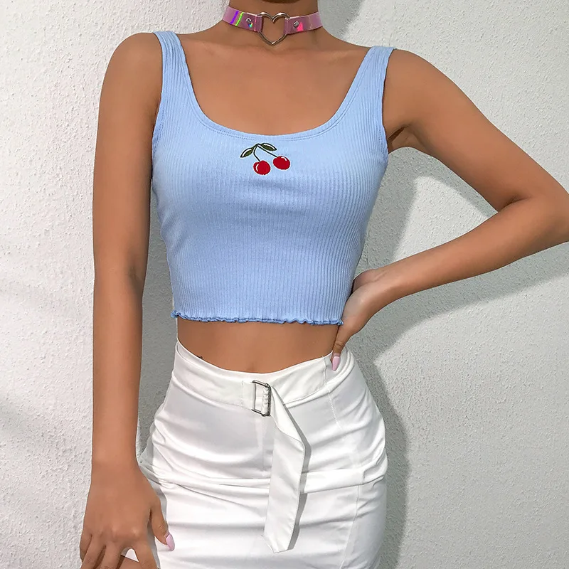 

Summer Sweet Girls Cherry Embroidery Knitting Ribbed Crop Tanks Elasticity Ruched Bottoming Vest Club Outwear Blue Tops