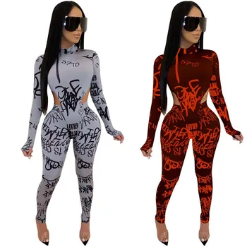 

Sexy Letter Print Two Piece Set Women Turtleneck Long Sleeve Bodysuit And Skinny Pants Sweat Suits 2 Piece Outfit Club wear Set