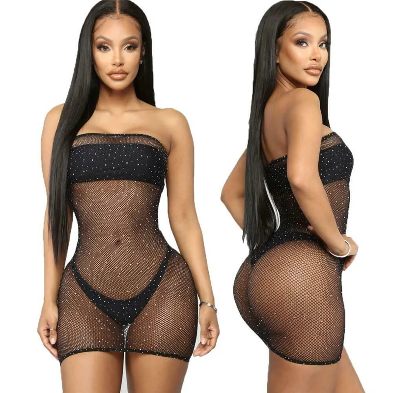 

Women Sexy Mesh Sheer Fishnet See Through Bikini Cover Ups Crystal Crochet Strapless Off Shoulder Bodycon Dress Swimwear
