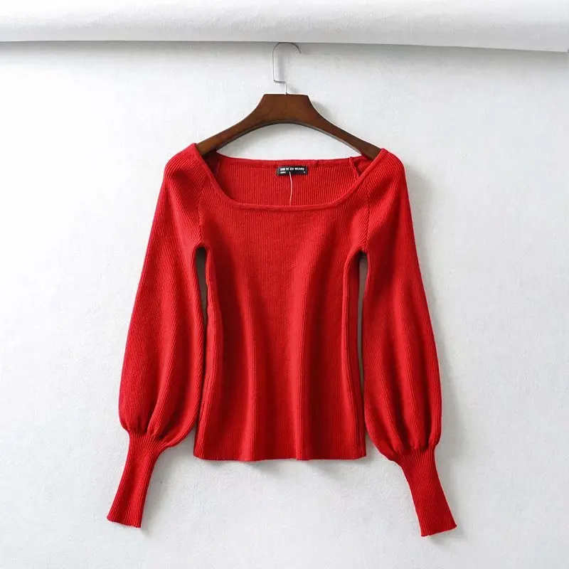 Bazaleas, Модный черный женский пуловер с квадратным воротником, винтажный свитер с рукавом-фонариком, Женский вязаный свитер Harajuku - Цвет: 1357 red T76