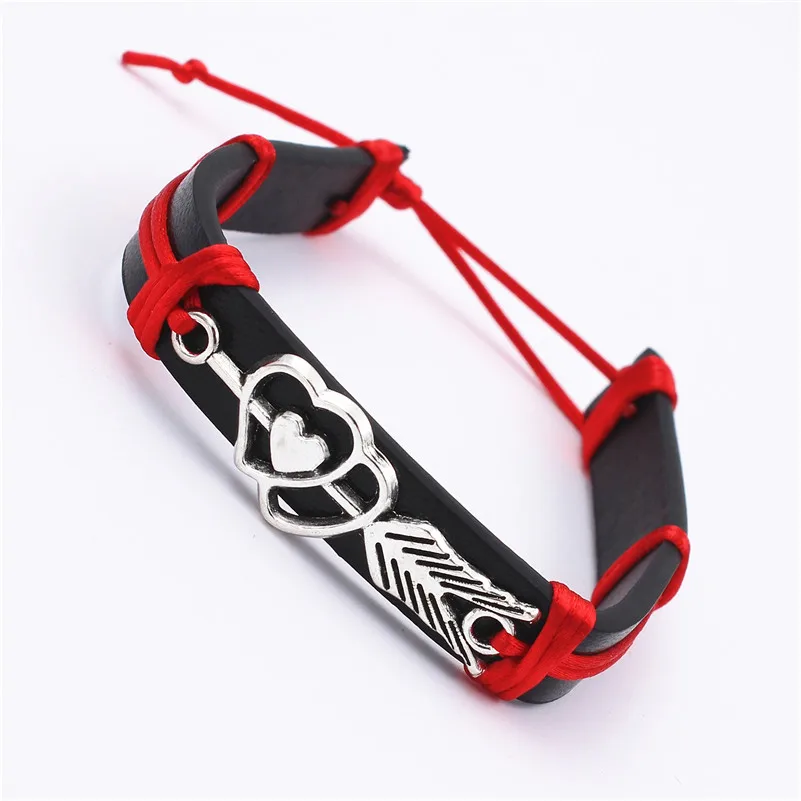 ZPS051-Red 12PCS/Lot Antique Silver Metal Cupid's arrow Charm PU Leather Bracelet double Heart Vintage Jewelry for Women Men Couple Lover - Окраска металла: ZPS051-Red