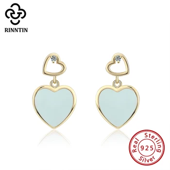 

Rinntin Real 925 Sterling Silver Stud Earrings Heart Shape Enamel 3 Prong Setting AAAA Zirconia Trendy Ear Nail For Girls TEQE13