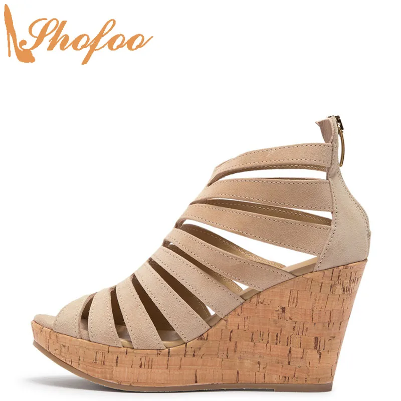 Brown Cork Platform High Wedge Heels Sandals Women Large Size 13 16