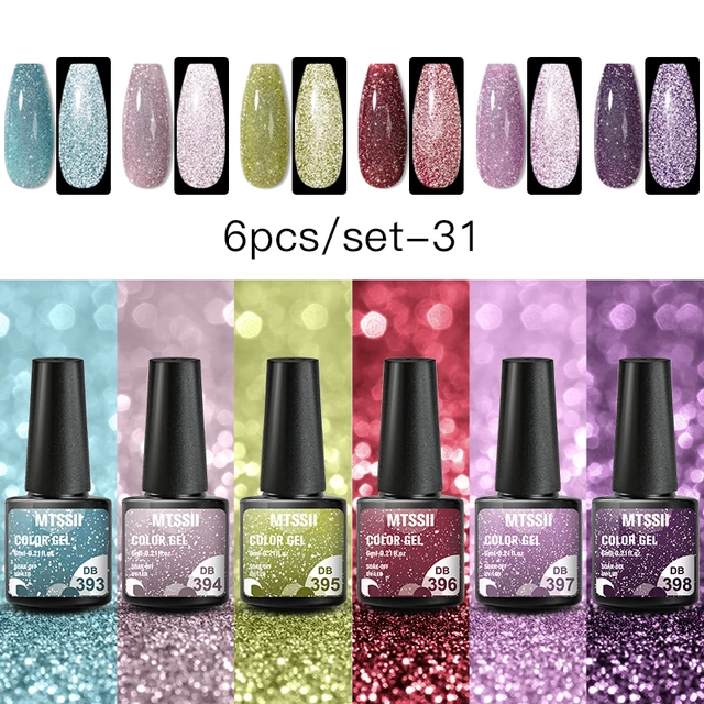 Mtssii 10Pcs/set Color Gel Nail Polish Set 100 Colors Semi Permanent UV Led Gel Varnish Soak Off Nail Lacquers Base Top Coat 6PCS Reflective-2