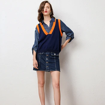 

DSANNINGT New Women's Cashmere Vest V-neck Short Sweater Vest Casual Stitching Knitwear Cashmere Vest Women's Clothing Wool Vest