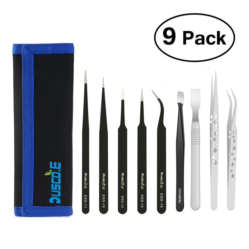 

9Pcs ESD Anti-Static Stainless Steel Tweezers Set Curved Straight Tips Precision Tweezers Kit Repair Tools Eyebrow Tweezer