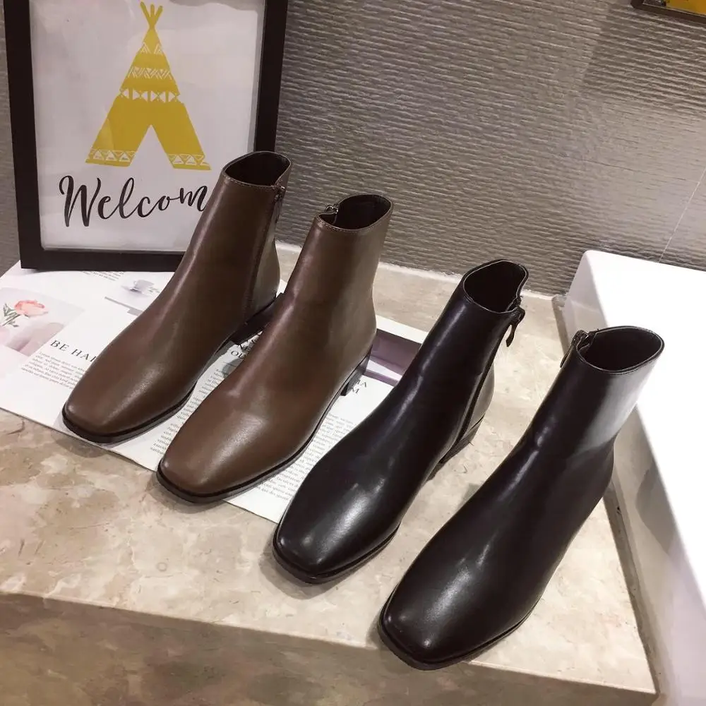 

Woman Flat Boots Chunky Heel Booties Ladies Brand Women's Shoes Winter Footwear Boots-women Zipper Low Fashion Autumn Rubber