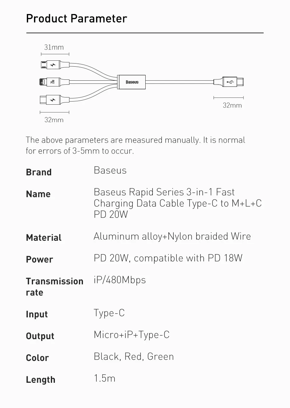 android charger adapter Baseus 20W PD 3 in 1 USB Type C Cable for iPhone 12 11 Xs Max Charger Cable for MacBook iPad Pro Samsung Xiaomi Micro USB Cable cable to connect phone to tv