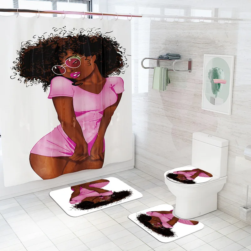 Printed African Girl Bath Mat Waterproof Shower Curtain Set Custom Bath Shade Curtain Absorbent Bathroom Mat Shower Foot Mat