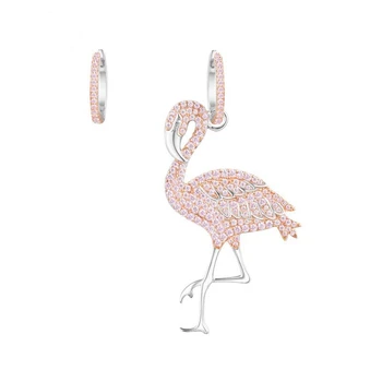 

luxury brand silver asymmetric earrings pink gem flamingo pendant earring female