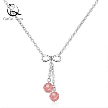 

New Creative Beautiful Bow Peach Strawberry Crystal 925 Sterling Silver Fashion Jewelry Temperament Balls Pendant Necklaces N375