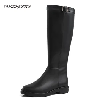 

Autumn Winter New Straight Boots Leather Knight Boots Round Head Flat Bottom Rear Zipper Belt Buckle Large Size High Boots Women