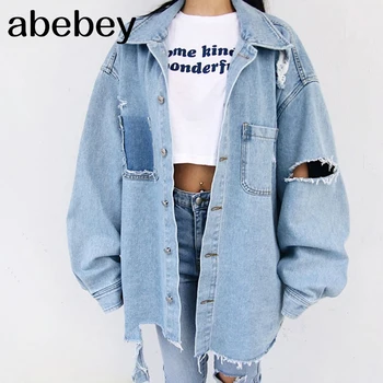 

Women ripped jeans jackets and coat Fashion loose sleeve Tassel boyfriend denim jacket oversized jeans jacket coats female