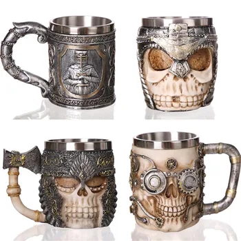 

3D Original Viking Skull Mug Cool Beer Mug for Coffee Beer Tea Stainless Steel Cup Creative Gift for Men Home Party Coffee Mug