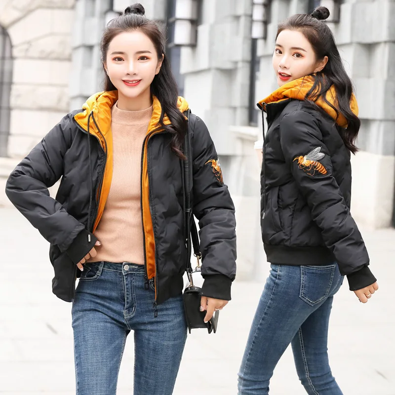

Small Bee Cotton-padded Clothes Women's Short Loose-Fit 2018 Winter New Style Korean-style Fashion Gold Velvet Mock Two-Piece Co