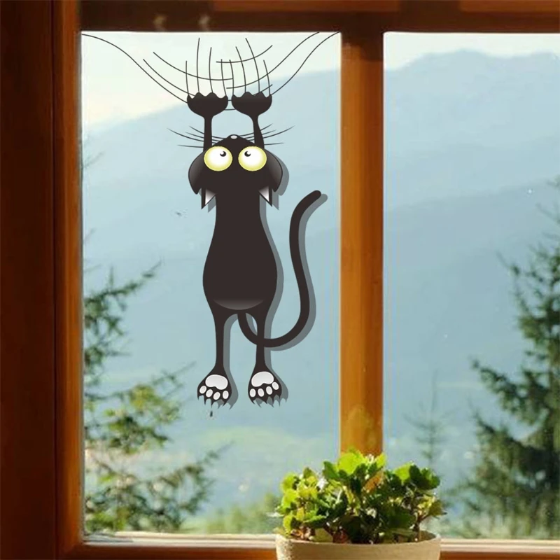 Funny Cartoon Cat PVC Mirror Wall Sticker DIY Art Mural Waterproof Window Decal Background Wallpaper Home Decoration Film