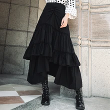 Новинка, длинные юбки до середины икры для женщин, высокая талия, весна и осень, черная, белая женская юбка с оборками, S-L, стиль русалки