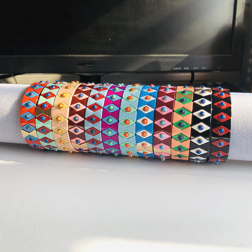 

12 Colors Enamel Stretch Bracelets for Women Stacking Casual Bracelet Tide Brand Customer Evil eye Rainbow Tile Beads Bracelet