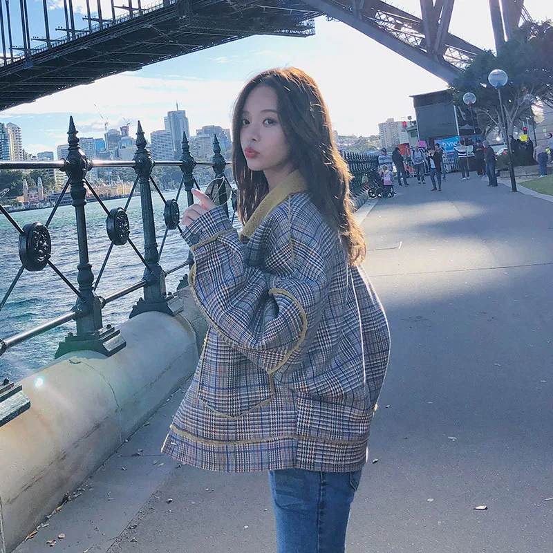 

2019 New Style Spring And Autumn Loose-Fit Lambs Wool Joint Short-height Casual Jacket Plaid Small Coat Women's Short Students
