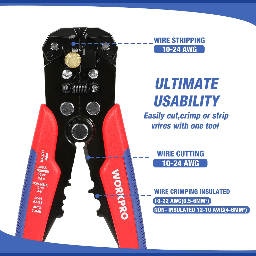 Wire stripper,universal pliers,hand tools,stripping pliers,crimping tool,crimping tools,wire stripping pliers,multifunctional pliers,multifunctional tools,wire pliers,crimping pliers WORKPRO Electrician's Wire Pliers Multifunctional Pliers Automatic Wire Stripper Crimping Function Ergonomic Handle