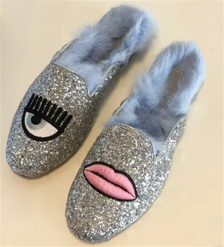 

Womens Round Toe Sequins Bling Embroidery Real Leather Rabbit Fur Backless Slipper Mule Slide Princetown Shoes Warm Winter