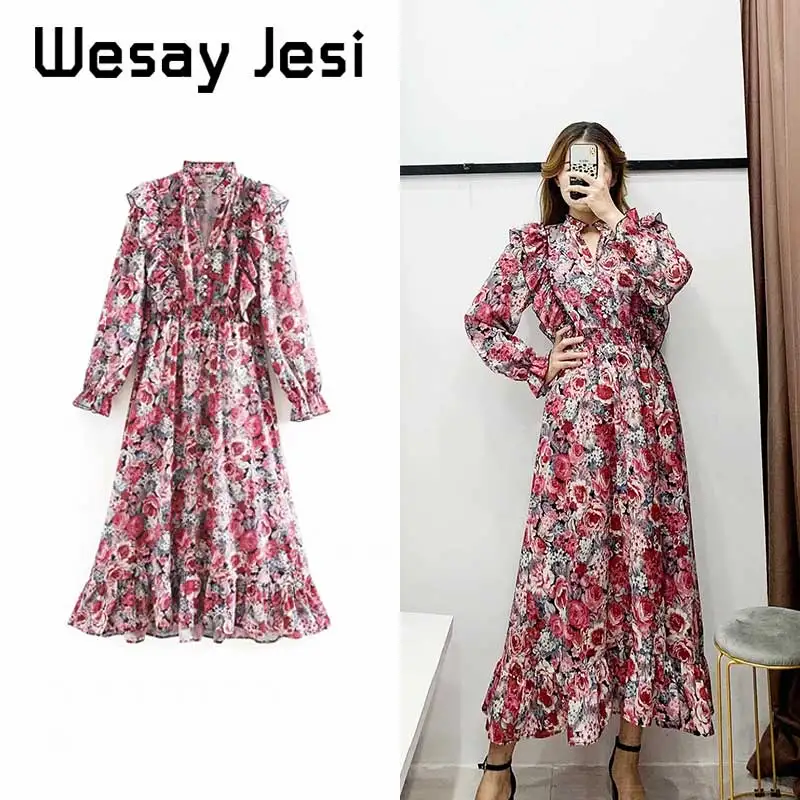 

2019 fashion Women dress Autumn vintage floral print V-neck long sleeve vestidos vestidos de fiesta de noche maxi party Dress