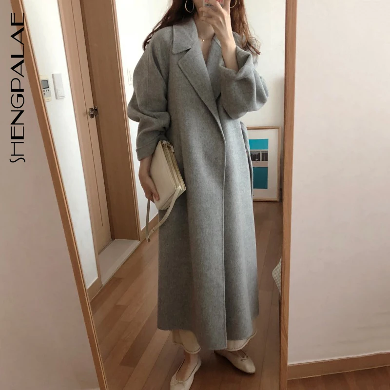 SHENGPALAE, новинка, модное пальто свободного кроя с отложным воротником и поясом, женское повседневное пальто в Корейском стиле, однотонное, высокое манто для женщин FT805