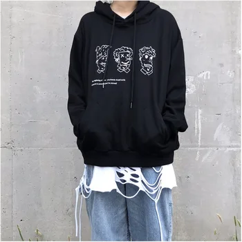 

2019 Autumn And Winter New Hong Style Large Size Printing Plus Velvet Hooded Sweatshirt Fashion Casual Loose Pullover M-XL