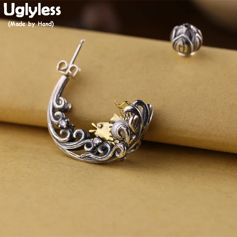 

Uglyless Ethnic Thai Silver Wave Fish Silver Earrings for Women Real 925 Silver Vintage Brincos Natural Pearls Lotus Studs E1616