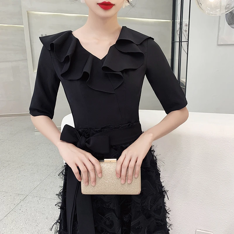 Изысканное черное платье большого размера 3XL Cheongsam элегантное женское вечернее платье Новое ТРАПЕЦИЕВИДНОЕ Ципао с острым вырезом с поясом Robe De Soiree