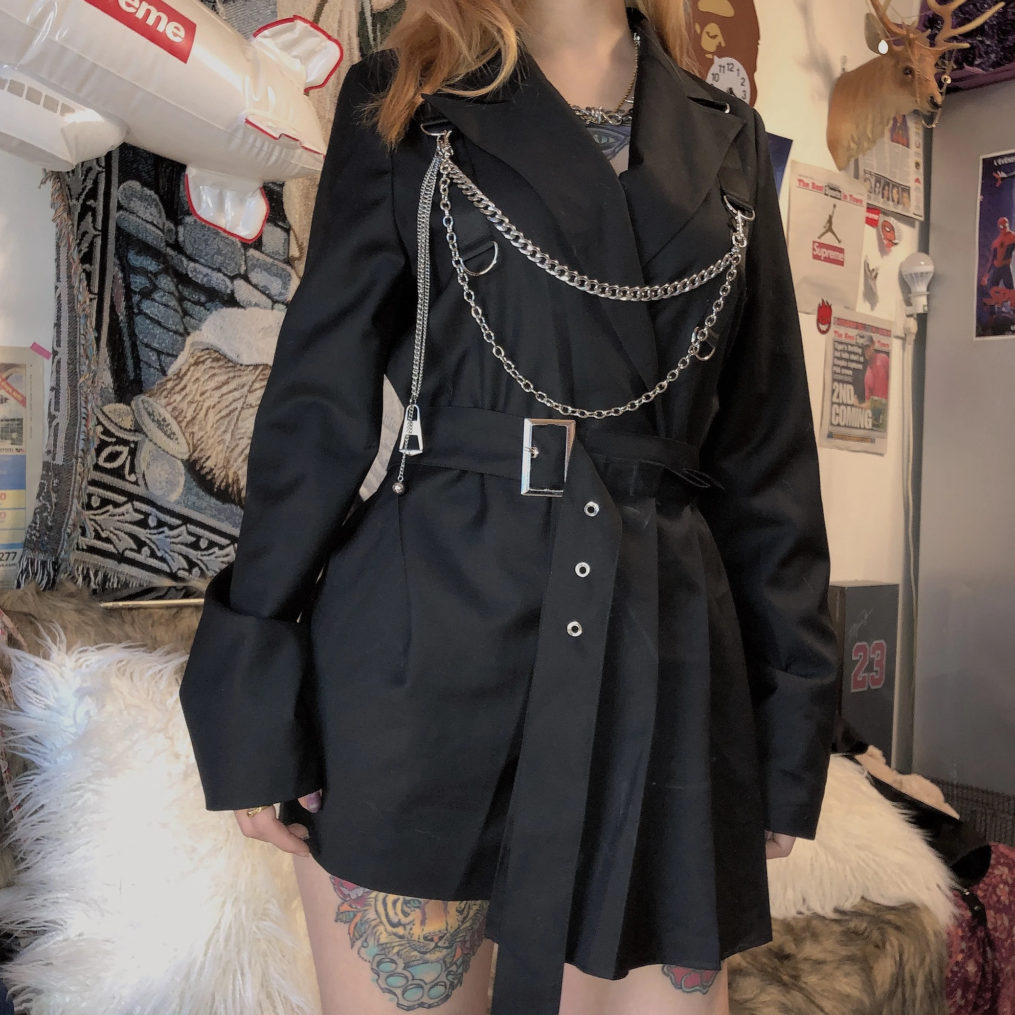 Beste Sisterlinda Punk Patchwork Riem Effen Jas En Jas Vrouwen Slanke Lange Tops Volledige Mouw Jassen Mujer Mode Vrije Tijd Jas Herfst