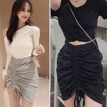 

Skirt Women's Summer Casual Drawstring Pleated Mini Skirt Elastic High Waist Sexy Ladies Skirt
