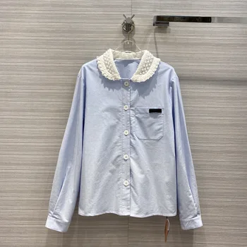 

High Quality Women Pearl Blouse 2020 Autumn Sweet Age-reduce Soluble Embroidered Lace Patchwork Collar Long-sleeve Shirt Blouses