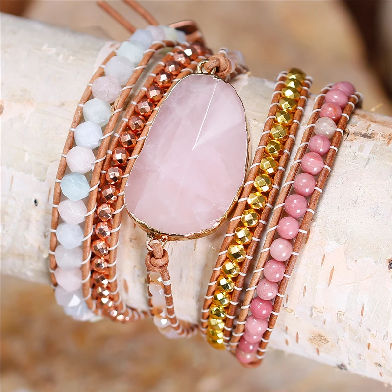 

Women Beads Leather Bracelet Yoga Natural Stones Pink Quartz Crystal 5 Strands Wrap Bracelets Bohemian Beads Bracelet Dropship