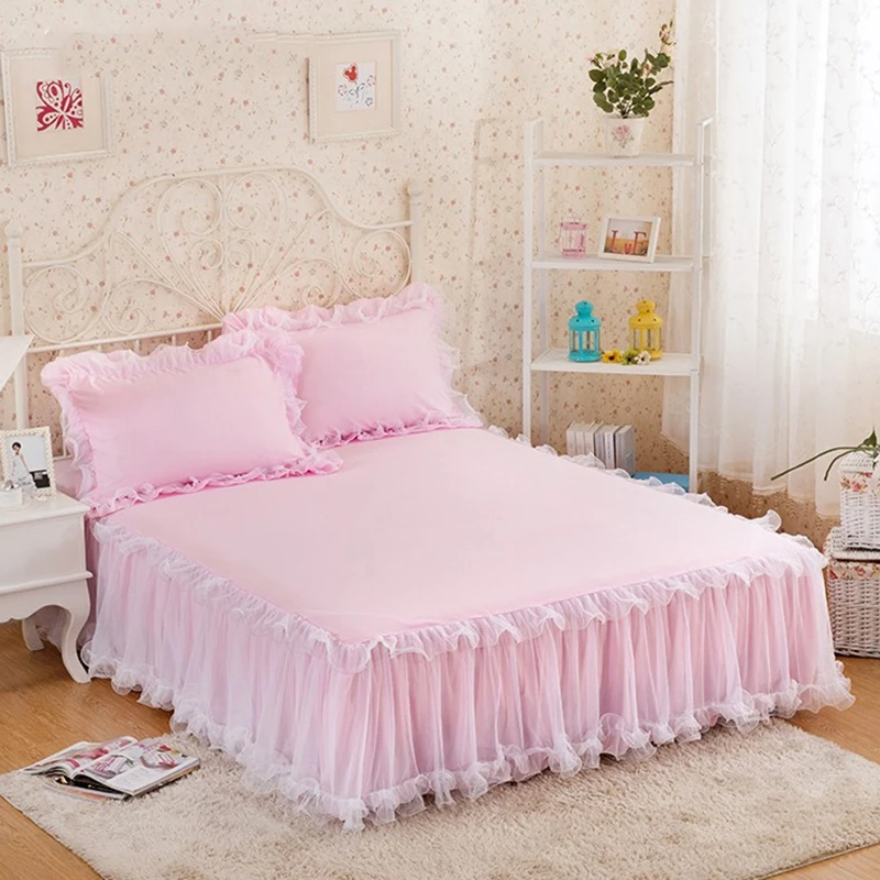 Pink Lace Lotus Leaf Lace Bed Skirts Princess Style Solid Color Bedspread Bed Cover Non-Slip Sheets Without Pillowcase