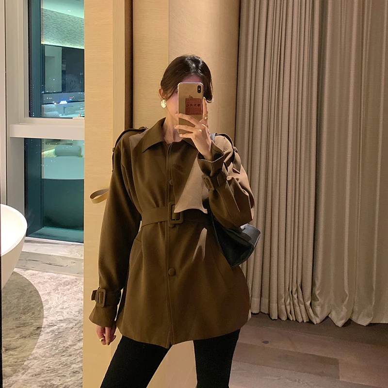 Новое Элегантное модное пальто для женщин, короткое пальто, куртка, Женская Корейская версия, повседневное короткое Свободное пальто с поясом, Женское пальто