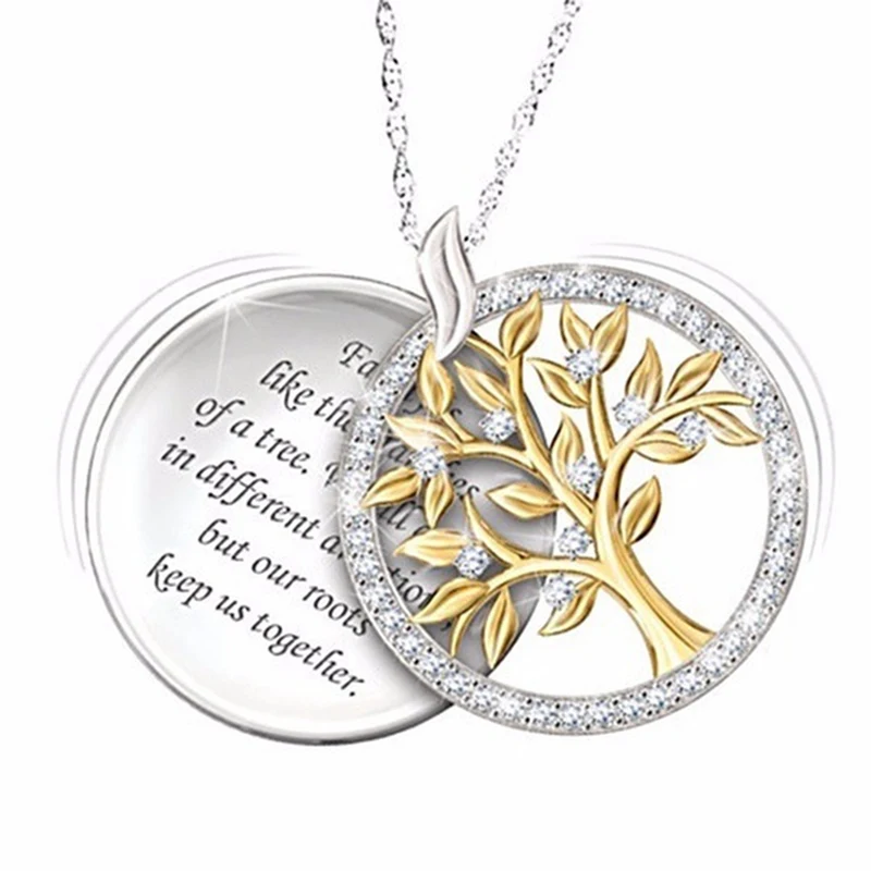 

English Alphabet Tree of Life with Crystal Round Pendant Necklace Two Tone Elegant Women Jewelry Necklace