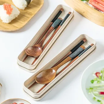 

Wooden Portable Tableware Travel Dinnerware Set Useful Chopsticks Spoon Environmental Wood Vintage Portable Cutlery Set With Box