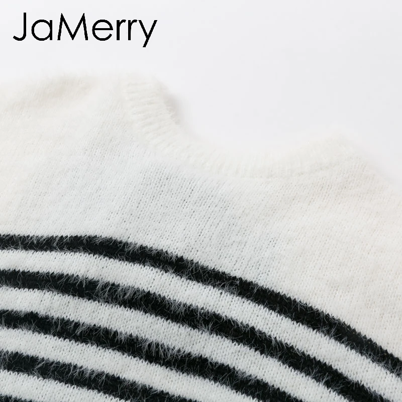 JaMerry Vintage sexy backless lace up mohair women pullover sweater Autumn winter soft female sweater casual Strip ladies jumper